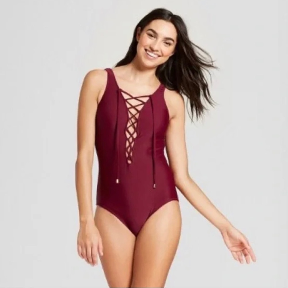 Mossimo Supply Co. Maroon Lace-Up One-Piece Swimsuit | Size: M (Juniors)